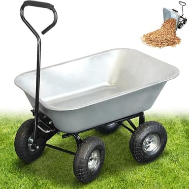 Chariot de Jardin à Main 75L - Remorque Brouette 4 Roues Gonflables Ø 260 mm - Benne Basculante - Capacité de Charge Max 250 KG - Long Manche - 86 x 60,5 CM - Métal Galvanisé
