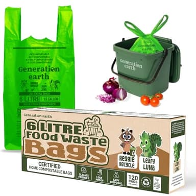Generation earth | 120 sacs de 6 L – Poignée à nouer – Compostables – Sacs à déchets alimentaires – Sacs alimentaires – Sacs poubelle biodégradables – Sacs poubelle compostables, sacs poubelle de
