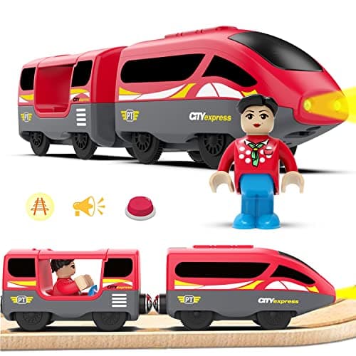 LiRiQi Train de locomotives à Piles (Connexion magnétique) - Train Électrique Haute Vitesse Compatible avec Thomas, Brio, Rails en Bois, Cadeaux Jouet pour Tout-Petits Enfants, Rouge