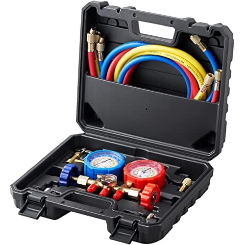 VEVOR Kit de Recharge de Réfrigérant de Climatisation R134A R22 R12 R502 Manomètre de Collecteur de Réfrigérant à 4 Voies Tuyau de Recharge avec Adaptateur Coffret Frigoriste pour Fluide Frigorigène