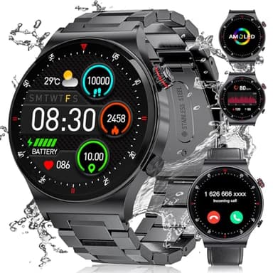 LIGE Montre Connectée Homme avec Appel Bluetooth,1.43" AMOLED Smartwatch Acier Noir pour Android iOS,110+Modes Sportifs Moniteur de Sommeil Fréquence Cardiaque,IP68 Étanche Android iOS