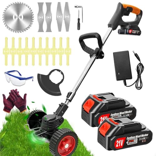DéBroussailleuse à Batterie Electrique sans Fil 21V 2.0Ah Coupe Bordure avec 2 Batterie et Chargeur Rapide Taille Bordure avec Roues Trois Types De Lames,légères et à Faible Bruit,pour Jardin Élagage
