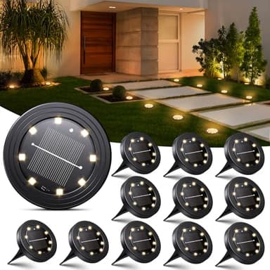 NIBSHOOM Lot de 12 Lampe Solaire Exterieur, IP68 Waterproof Lumiere Solaires 8 LED, Spot Solaire Longue durée de vie, Lumière Chaude Eclairage pour Jardin, Chemin, Terrasse