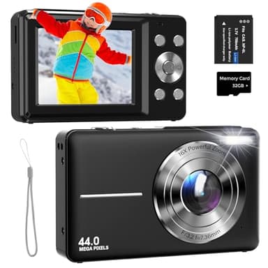 Appareil Photo Numérique 44MP 1080P FHD Appareil Photo Compact avec Zoom Numérique 16X, Écran de 2,4" et Carte 32GB, Une Batterie pour Adolescents, Enfants et Débutants Noir