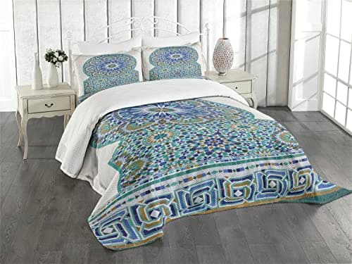 ABAKUHAUS marocain Couvre-lit Matelassé, Carreaux de céramique Orientale, Décoratif 3 Pièces avec 2 Taies d'Oreillers, Twin, Café Pâle Turquoise Bleu