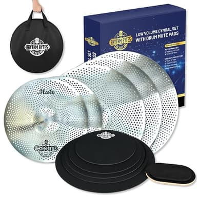 Pack de cymbales à faible volume avec tampons d'atténuation pour batterie, Cymbales 14"/16"/18"/20", Tampons de batterie 10"/12"/13"/14"/16", 1 pad pour grosse caisse, 1 sac à cymbales