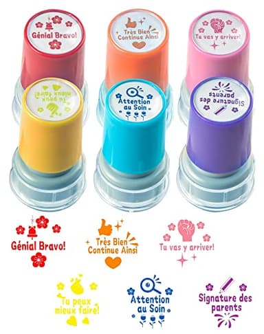 LAOYE 6PCS Plastique Tampon Auto Encreur Tampons Encreurs Enseignants Français pour Cadeau Professeur Tampon Ecole Avec Boîte pour Encourager Élèves