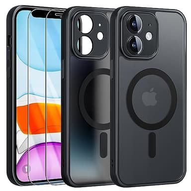 FLLAO Magnétique Coque pour iPhone 11 avec 2 Verre Trempé, Compatible avec MagSafe, Protection d'objectif Tout Compris, Etui Translucide Mat Arrière Housse Fine Antichoc Case, Noir