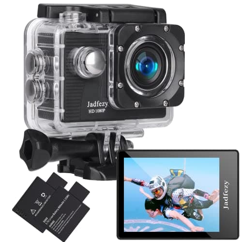 Jadfezy Camera Sport 1080P FHD,Etanche 30M Caméra d'action Grand Angle, avec Deux Piles Rechargeables 900 mAh Caméra Sport et kit d'accessoires