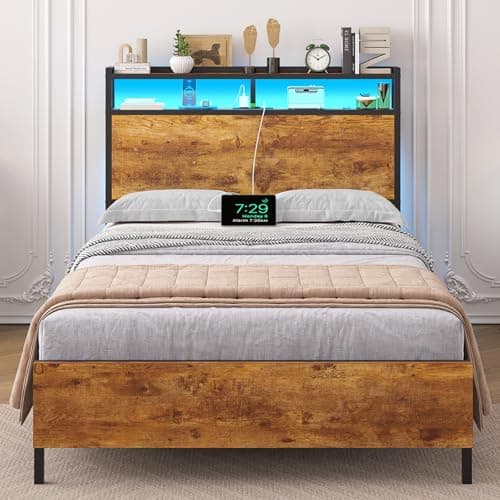 Brinlawb Cadre de Lit 90x200 avec sommier en Métal, Lit 90 x 200 cm avec LED et Multiprise (2 Prises CA, 2 Ports USB), lit 1 personne avec étagère de rangement, Facile à assembler, Marron Vintage Noir
