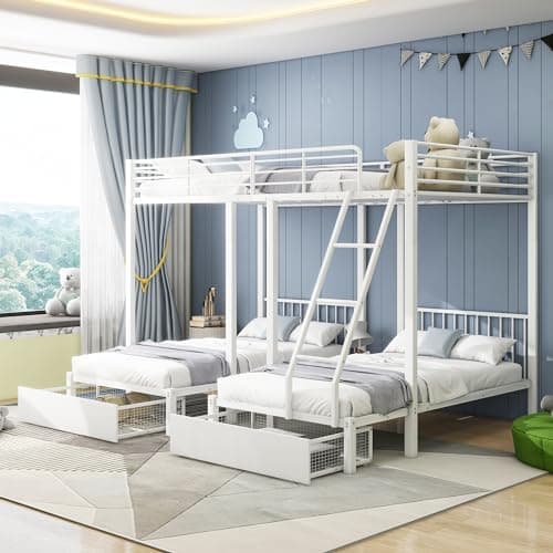 Merax Lit superposé pour 3 personnes, avec 2 tiroirs, échelle de sécurité, lit mezzanine en métal, avec espace de rangement, pour garçons et filles, 90/140 x 200 cm, blanc (sans matelas)