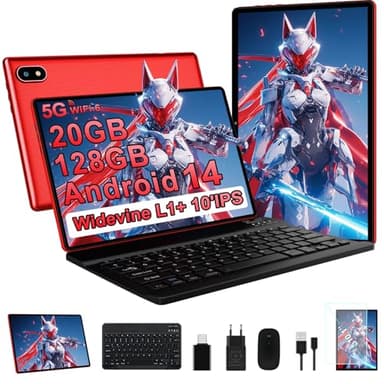 Tablette 10 Pouces Android 14 Tablette Tactile avec 20Go RAM+128Go ROM(TF/1To) 8-Cores, 5G WiFi 6, GMS Certified,Widevine L1,5MP+8MP,BT5.0,Tablette avec clavier, souris et garantie de deux ans -Rouge