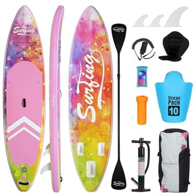YU YUSING Paddle Gonflable Adulte 335cm, Planche de Stand up Paddle Gonflable 2 Personnes, Siège de Kayak, avec Pagaie Aluminium, Support Caméra, Pompe, pour Tous Niveaux, jusqu'à 150 kg, Violet Rosé