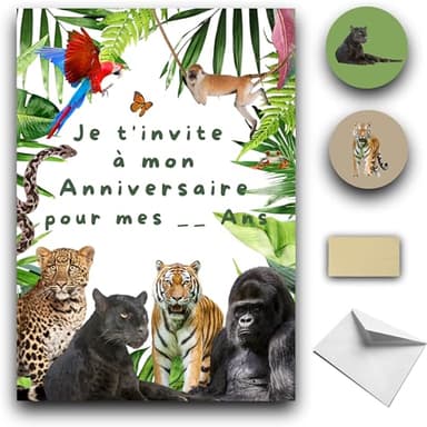 RXLITE Kit créatif premium de 10 Cartes d'invitation anniversaire à gratter thème Jungle pour enfants : 10 Cartons, 10 enveloppes blanches, 10 stickers et 10 autocollants dorés magiques