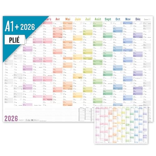 Häfft® Calendrier mural XXL 2026 A1+ en français (63 x 89 cm) plié "Rainbow" + agenda annuel A4 gratuit, avec jours fériés de la France - durable & respectueux du climat