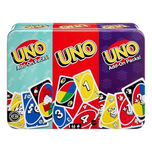 Mattel Games UNO Jeu de Cartes avec 2 Packs d’Extension et Une boîte en métal à Collectionner pour Les Enfants, Les Adultes et Les soirées Jeux en Famille 2 à 10 Joueurs, JCV60
