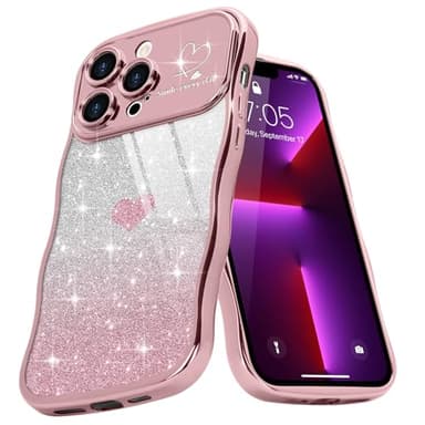 Teageo Coque de téléphone bouclée à Motif cœur Mignon pour iPhone 13 Pro Max, Cadre ondulé à Paillettes pour Filles et Femmes, résistante aux Chocs, en TPU Souple pour iPhone 13 Pro Max, Doré Rose