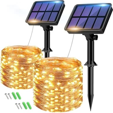Lot de 2 Guirlande Solaire Exterieur, Totale 16m 160LED Lumineuse Étanche, 8 Modes Décoration pour Jardin Terrasse Cour Noël Mariage Fête, Blanc Chaud