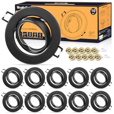 Spot Encastrable GU10 Set, Lot de 10 Cadre Spot Encastrable en Noir Rond, Avec Douille Céramique GU10 pour Spot LED GU10, AC 230V Ø 68mm, Orientable 30° Cadre de Montage pour Spots de Plafond