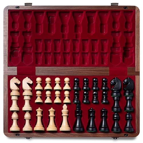 A&A Ensemble d'Échecs Pliant en Noyer Naturel Premium, avec Plateau de 38 cm et Roi de 7,6 cm de Hauteur, Pièces d'Échecs Staunton, Comprend 2 Dames Supplémentaires et Un Sac de Rangement