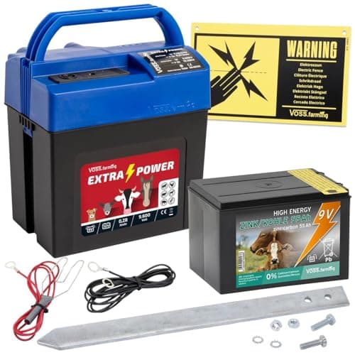 VOSS.farming électrificateur Extra Power 9V pour clôture électrique Mobile, électrificateur pour clôture de pâturage, kit Starter, avec Batterie Non Rechargeable de 9V et avec Adaptateur Secteur 230V