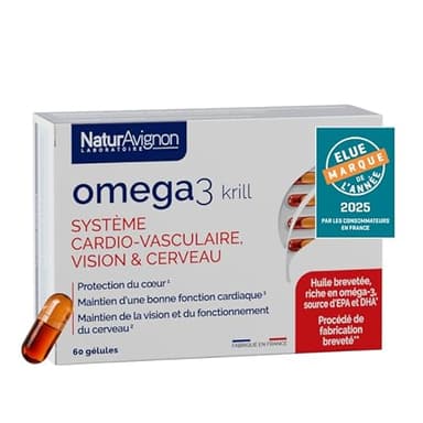 NaturAvignon Oméga 3 Krill | Cerveau, Coeur, Vision | Omega 3 DHA EPA hautements disponibles | Huile de krill | Sans goût ni odeur | Fabriqué en France | 60 gélules (1mois)