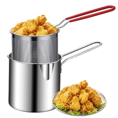 Friteuses, marmite à friture avec panier 2 pièces 1200 ml avec poignée en acier inoxydable poêle à frites sans revêtement poli miroir brossé casseroles pour frites poisson ailes de poulet