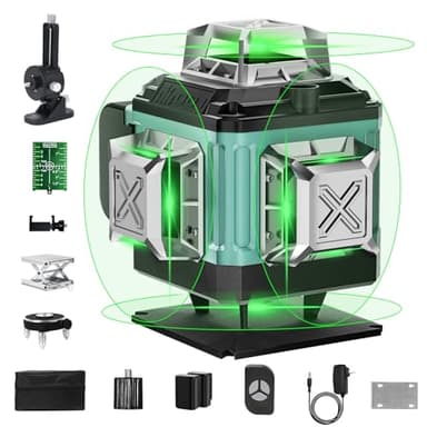 Niveau Laser Vert Autonivelant 4 x 360°, 4D 16 Lignes Laser Chantier à Ligne Croisée Verticale/Horizontale, 2 x Batterie, IP54, Support Rotatif, avec Télécommande & Mallette de transport