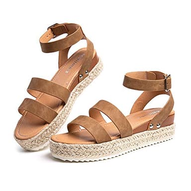 Hitmars Sandale Plateforme Femme d’Ete Espadrille Sandales Compensées Mode Bout Ouvert Faux Cuir avec Sangle Cheville 5 CM kaki B taille 43 EU