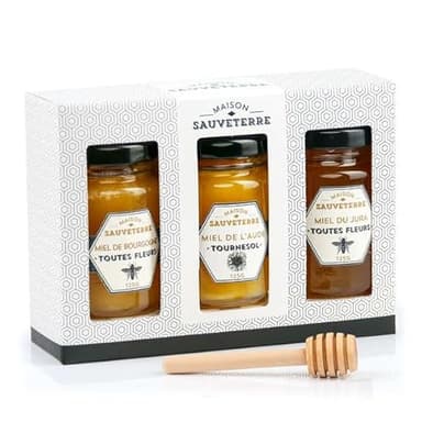 Coffret cadeau 3 miels de France et cuillère à miel - Coffret cadeau 3x125g