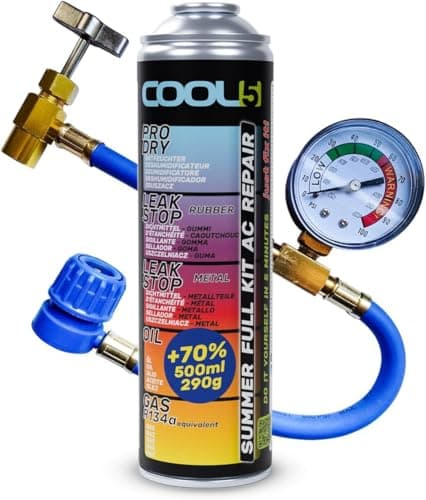 Cool5 Kit de réparation de climatisation d'été Full Kit AC 5 en 1 (R134a & R12 gaz de rechange) avec tuyau de mesure - Pour voitures 1995-2016, 290 g + 70 % de produit - Facile à utiliser