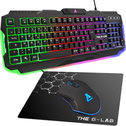 The G-Lab - Combo Hélium - Ensemble Gaming 3 en 1 - Clavier Gamer Azerty Rétroéclairé, Souris Gamer 6400 Dpi, Tapis De Souris Antidérapant - 6 Touches Anti-ghosting - Pack PC/PS4/PS5/XBOX