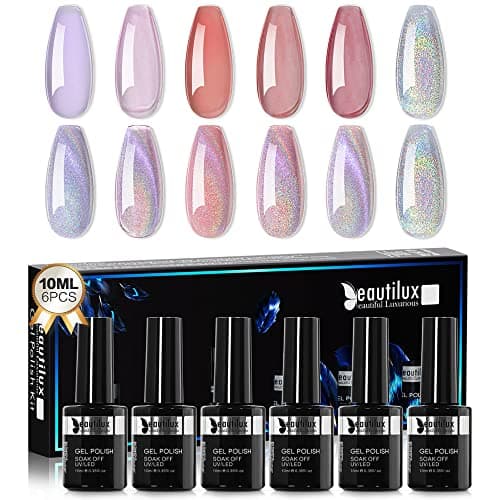 Beautilux Vernis Semi-permanents Nude, Nude Rouge Violet Semi Permanent Gel, 10ml 5 Couleurs Nudee Rouge Violet Transparent + 1 Couleurs Rainbow Magnetique Vernis à Ongles UV Gel