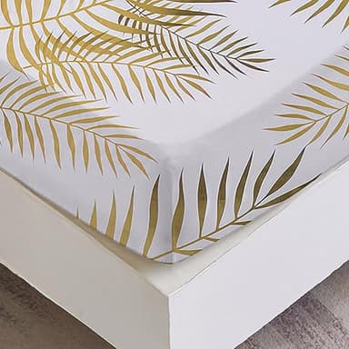 Drap Housse 160x200 cm 2 Personnes avec Grand Bonnet de 30 cm - Drap-Housse Microfibre Doux à Motif Feuilles Tropicales - Or Blanc