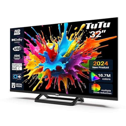 TuTu Téléviseurs 32 Pouces (80 cm) LED Central Pied TV HD Ready Triple Tuner (DVB-C / T2 / S2), HDMI x2, CI+, Lecteur multimédia USB 2.0, Mode hôtel, Dolby Audio, 2024