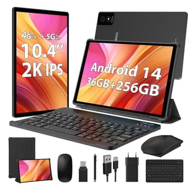 WOREGOO 10.4 Pouces Tablette 36GB RAM+256GB ROM(TF 1TB), Octa-Cœur 2.0Ghz Android 14, Dual 4G LTE+5G WiFi, Face ID/8000mAh/OTG/8MP+13MP/GPS/GMS, Tablette avec Clavier et Souris, Noir