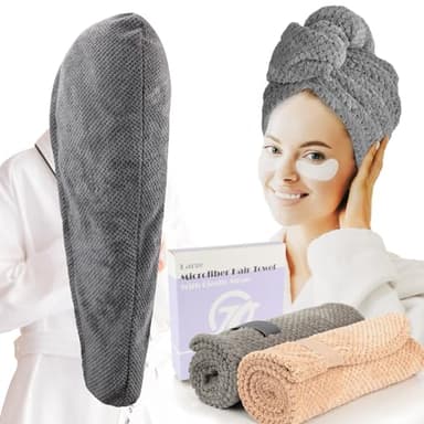 FREATECH 2 Grandes Serviettes Microfibre Cheveux Bouclés 86 x 26 cm, Turbans Épais Super Absorbants pour Cheveux Longs et Épais, Serviette de Séchage Anti-frisottis avec Bande Élastique
