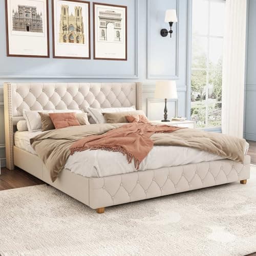 PUGSDRLY Lit Double,Lit 180 x 200 avec Sommier,Cadre de Lit avec Sommier à Lattes et Tête de Lit,Rembourrage à Boutons,Lit Rembourré avec Pieds en Bois,Lit Adulte,sans Matelas,Beige