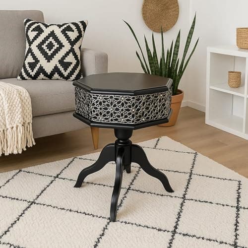 Table basse octogonale marocaine en bois noir sculpté avec incrustations arabesques en métal argenté - Style ethnique oriental - Meubles salon ou chambre - 45 x 45 cm Hauteur 54 cm - Design artisanal