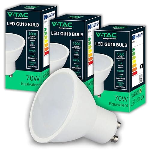 V-TAC 3x Ampoules LED GU10-10W Haute luminosité (Équivalent 70W) - 1000 Lumen - Spot LED GU10 pour une Efficacité Maximale et une économie d'énergie - Blanc Froid 6500K