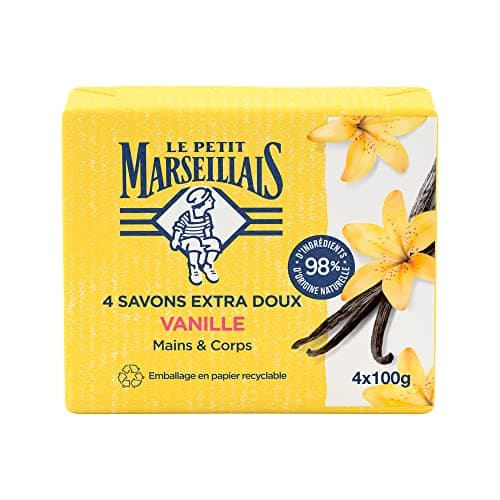 Le Petit Marseillais | Savon Extra Doux Vanille (lot de 4 pains de 100 g) – Savon solide mains & corps avec 98 % d'ingrédients d'origine naturelle – Emballage en papier recyclable
