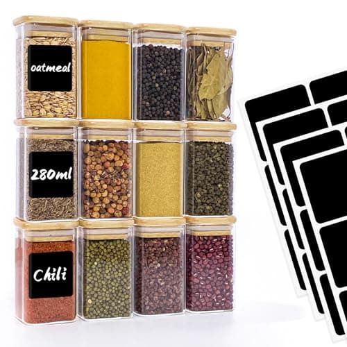 Withosent 280ml Bocaux en Verre Lot de 12, Bocaux Epices, Bocal en Verre avec Couvercle en Bois, Petit Pot Verre Empilables, Boite Rangement Cuisine pour Epices Bonbons