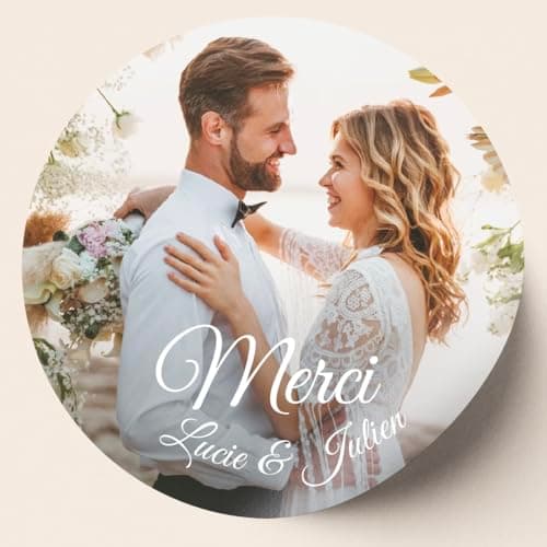 Lot de 24 stickers personnalisés, autocollant mariage avec votre photo, remerciement, rond, typographie au choix, étiquette adhésive, mat ou brillant, 4cm