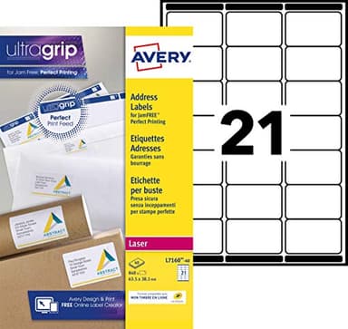 Avery Étiquettes Autocollantes Blanches, 840 Pièces, L7160-40, 63,5 x 38,1 mm, Papier A4, Feuille A4, Pour Imprimantes Laser, Anti-Bourrage, Papier FSC, Pour adressage et expédition