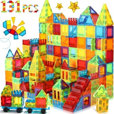W WISE BLOCK Blocs de Construction Magnétiques 131 PCS avec 2 Voitures, Jouets magnétiques pour Enfants Les Tout-Petits, Jouets pour 3 4 5 6 7 8 Ans garçon Fille, Multicolore.