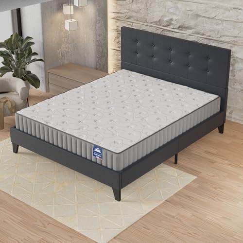 sensoreve November- Ensemble Matelas + Sommier & tête de lit capitonnée (120 x 190cm)- Matelas Orionis Mousse Mémoire de Forme d’épaisseur 16cm + Lit Stable & Robuste, revêtement synthétique Noir