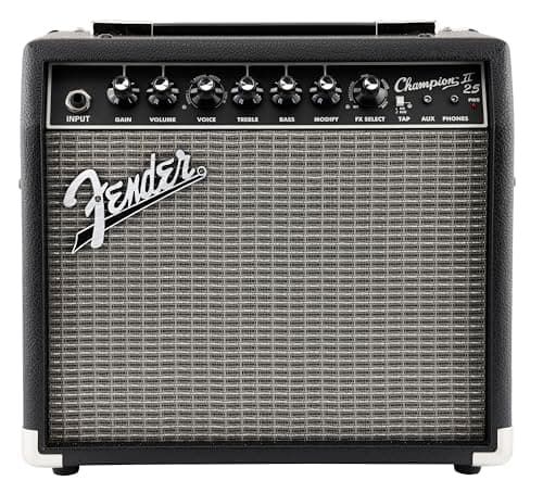 Fender Champion II 25, Amplificateur Combo pour la Guitare Électrique, 25W avec Plus de Puissance, Effets et Modèles d'ampli Améliorés, Noir/argenté, Entrée auxiliaire, Sortie Casque et Port USB