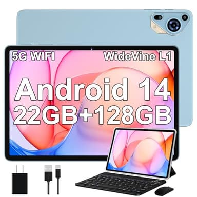 Tablette Android 14 avec 22 GO + 128 GO (Extensible jusqu'à 1 to), 5G WiFi, Tablette 10 Pouces avec GPS, Widevine L1, 8 Cœurs 2,0 GHz, 8000mAh, Tablette Tactile avec Clavier + Souris et Cas, Bleu