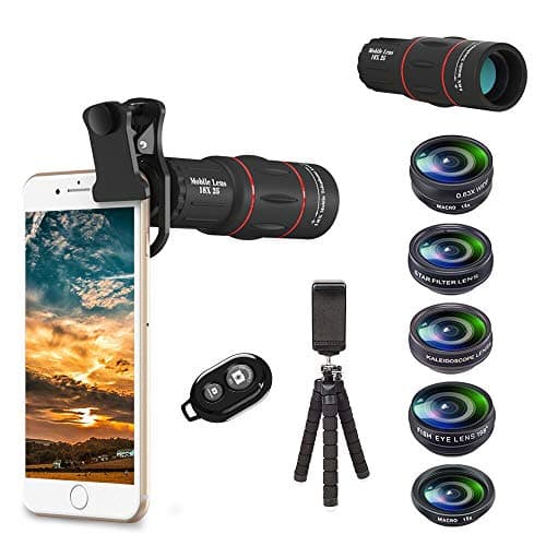 Apexel Kit de lentille de téléphone pour Appareil Photo 18 x téléobjectif Grand Angle et Macro, Objectif Fisheye/kaléidoscope et Filtre étoile avec déclencheur à Distance pour Phone
