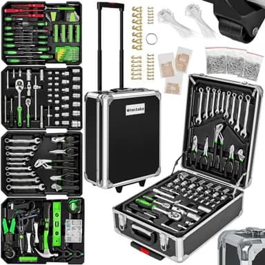 tectake Caisse à outils sur roulettes Servante d'atelier complète avec outils 1200 pièces - Rangement atelier Outillage à main Bricolage Embout visseuse Kit tournevis